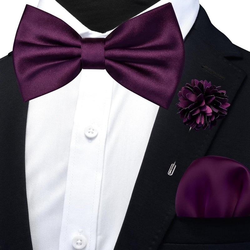 Branduce Solid Color Pre-tied Bow Tie and Pocket Square Lapel Pin Set for Men - Image 2